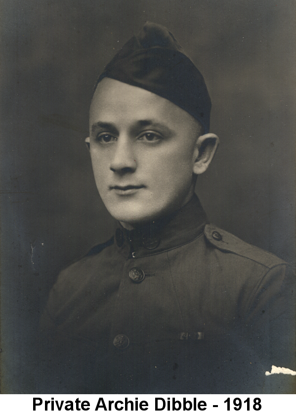 Black and white portrait photo of Archie Dibble, wearing a World War I US Army uniform jacket with high collar and a garrison cap.